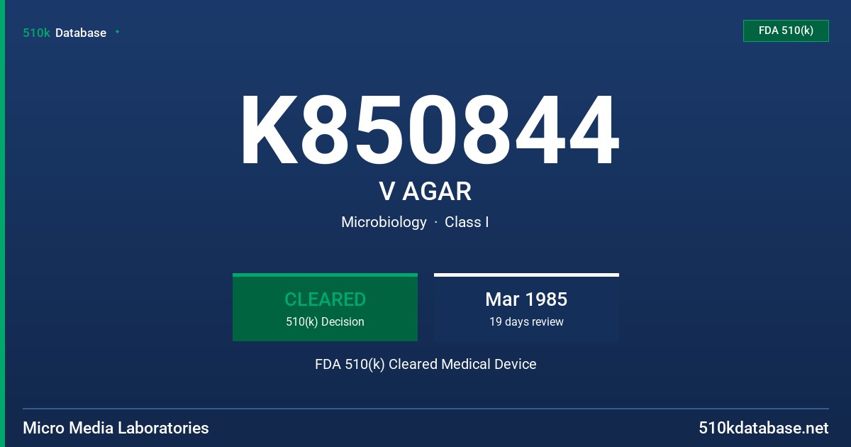 K850844 V AGAR FDA 510(k) Cleared Medical Device