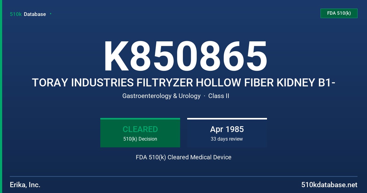 K850865 TORAY INDUSTRIES FILTRYZER HOLLOW FIBER KIDNEY B1- FDA 510(k) Cleared Medical Device