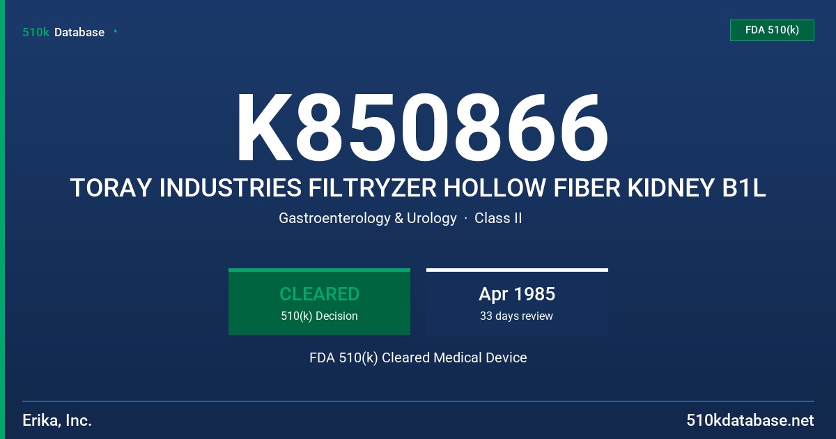 K850866 TORAY INDUSTRIES FILTRYZER HOLLOW FIBER KIDNEY B1L FDA 510(k) Cleared Medical Device