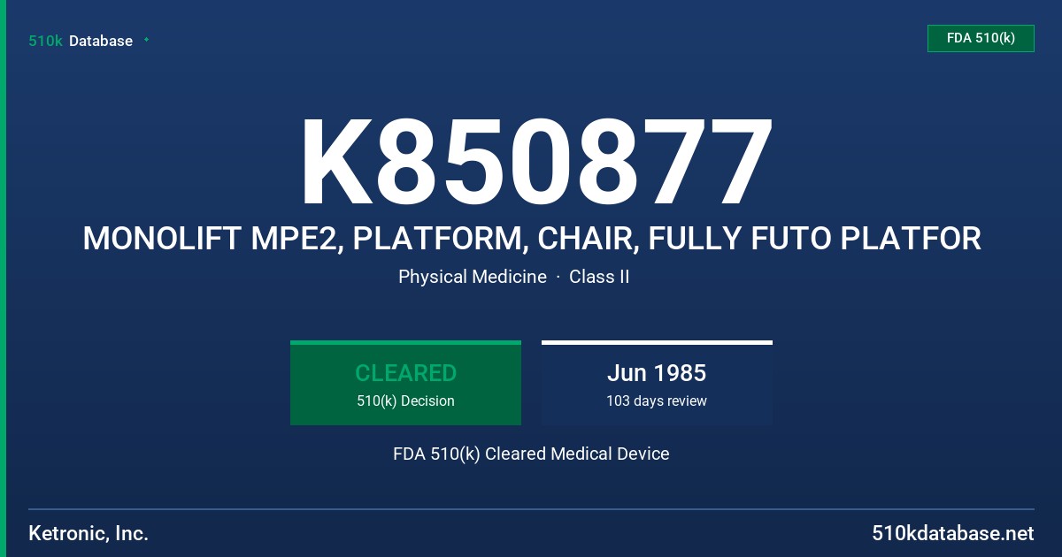 K850877 MONOLIFT MPE2, PLATFORM, CHAIR, FULLY FUTO PLATFOR FDA 510(k) Cleared Medical Device