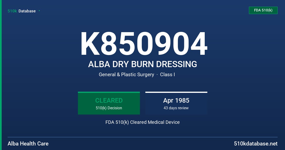 K850904 ALBA DRY BURN DRESSING FDA 510(k) Cleared Medical Device