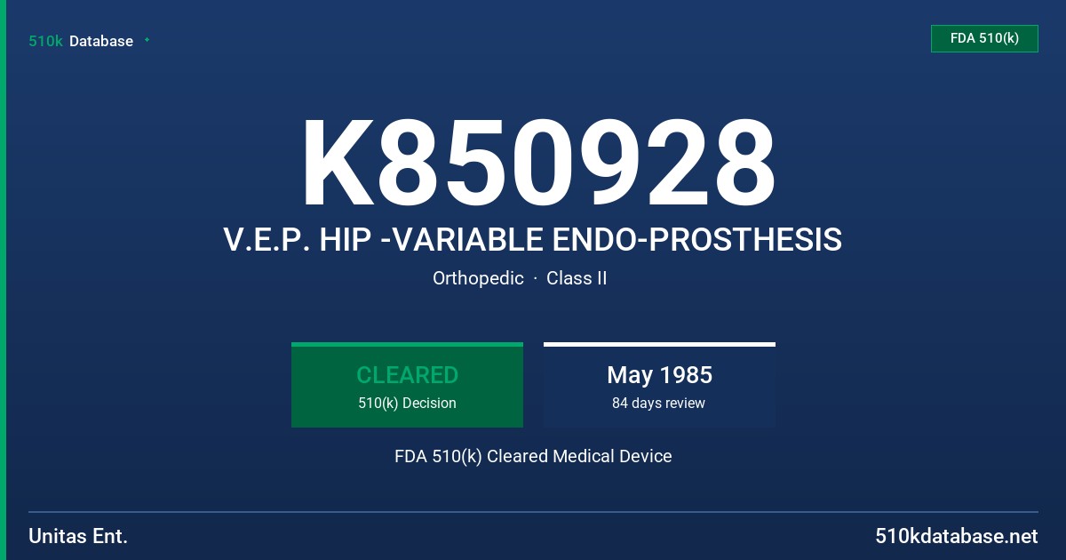 K850928 V.E.P. HIP -VARIABLE ENDO-PROSTHESIS FDA 510(k) Cleared Medical Device
