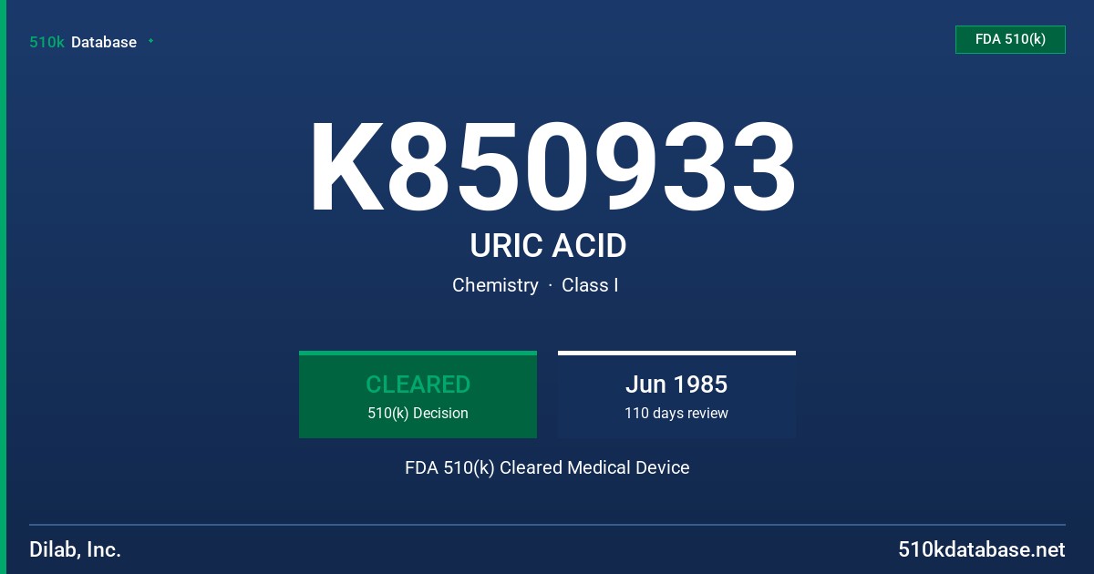 K850933 URIC ACID FDA 510(k) Cleared Medical Device