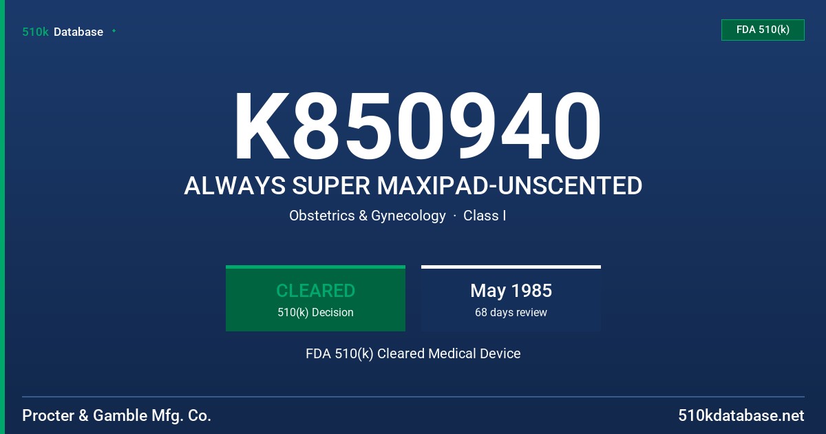 K850940 ALWAYS SUPER MAXIPAD-UNSCENTED FDA 510(k) Cleared Medical Device