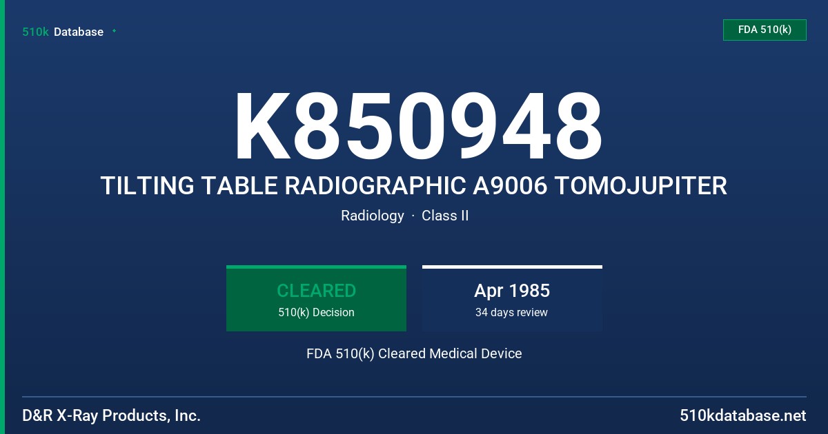 K850948 TILTING TABLE RADIOGRAPHIC A9006 TOMOJUPITER FDA 510(k) Cleared Medical Device