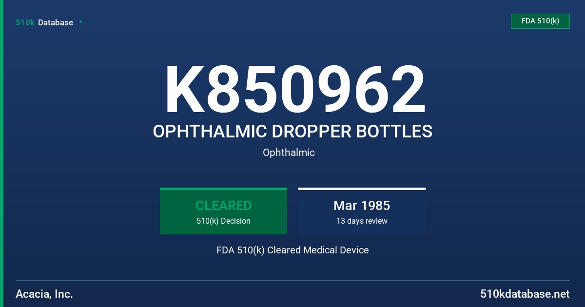 K850962 OPHTHALMIC DROPPER BOTTLES FDA 510(k) Cleared Medical Device