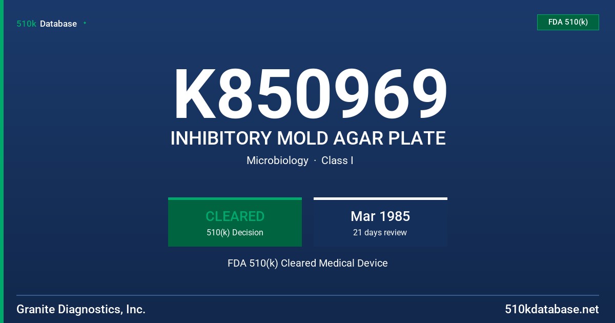 K850969 INHIBITORY MOLD AGAR PLATE FDA 510(k) Cleared Medical Device