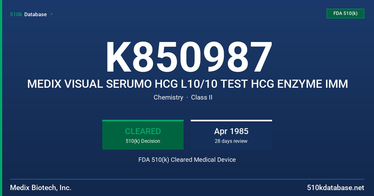 K850987 MEDIX VISUAL SERUMO HCG L10/10 TEST HCG ENZYME IMM FDA 510(k) Cleared Medical Device
