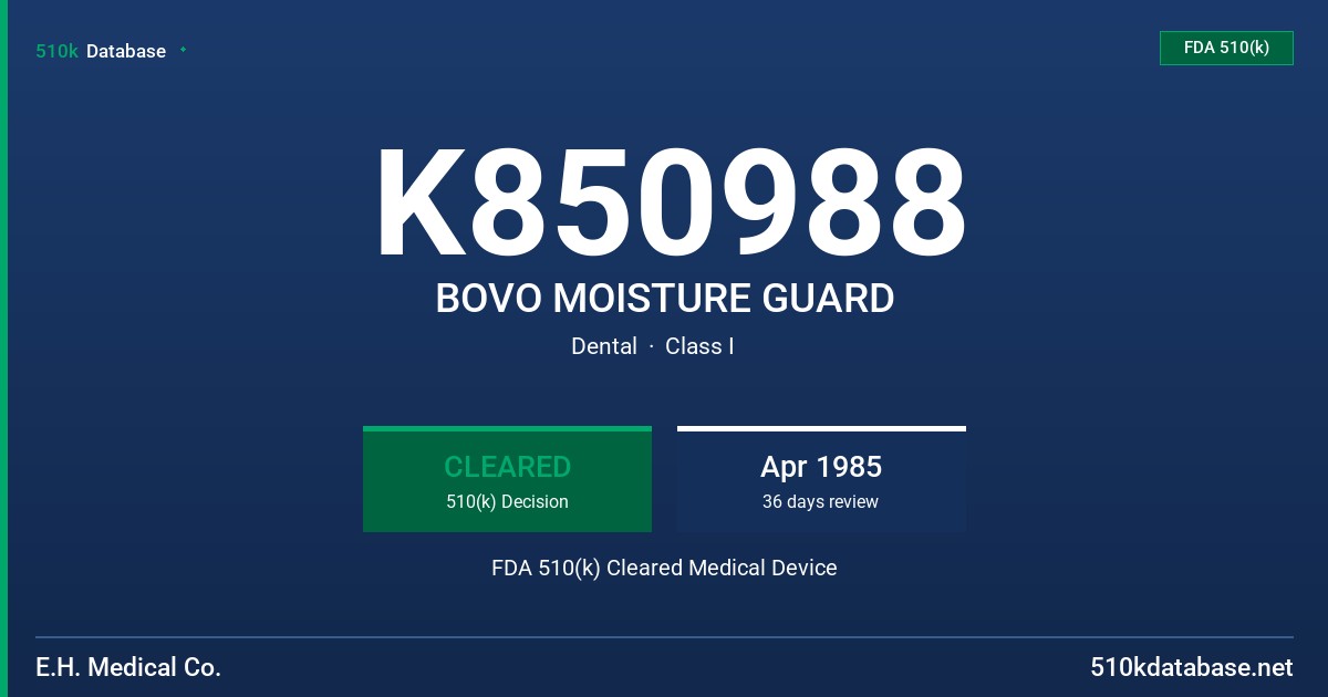 K850988 BOVO MOISTURE GUARD FDA 510(k) Cleared Medical Device