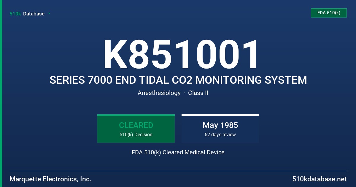 K851001 SERIES 7000 END TIDAL CO2 MONITORING SYSTEM FDA 510(k) Cleared Medical Device