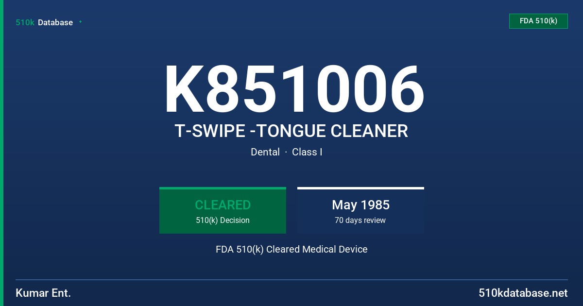 K851006 T-SWIPE -TONGUE CLEANER FDA 510(k) Cleared Medical Device