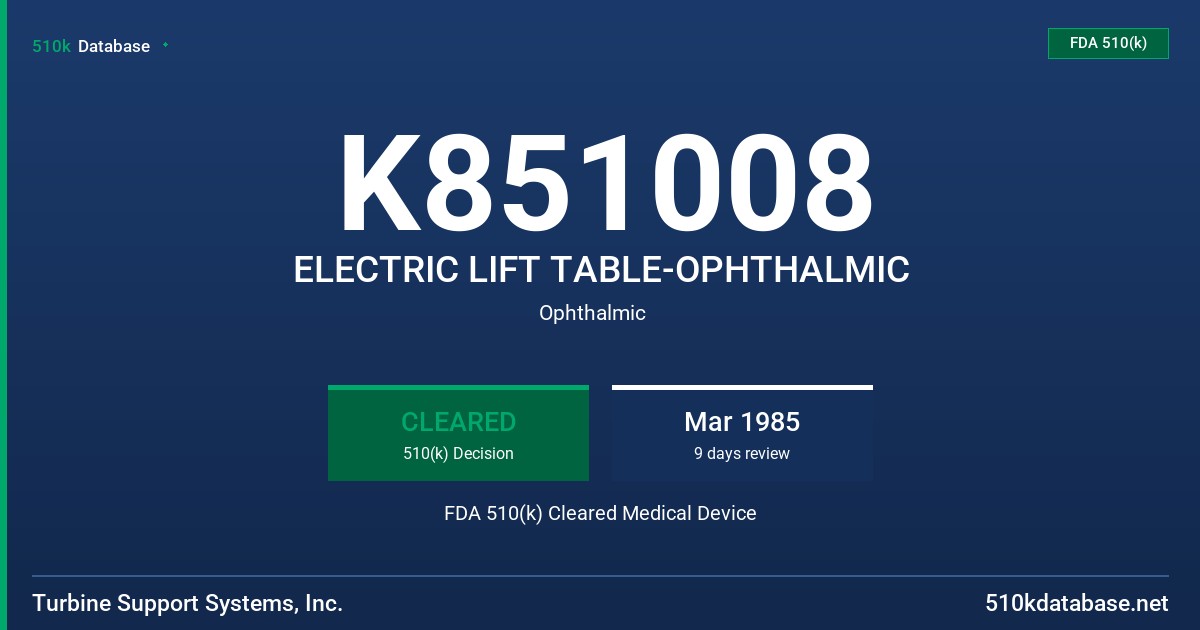 K851008 ELECTRIC LIFT TABLE-OPHTHALMIC FDA 510(k) Cleared Medical Device