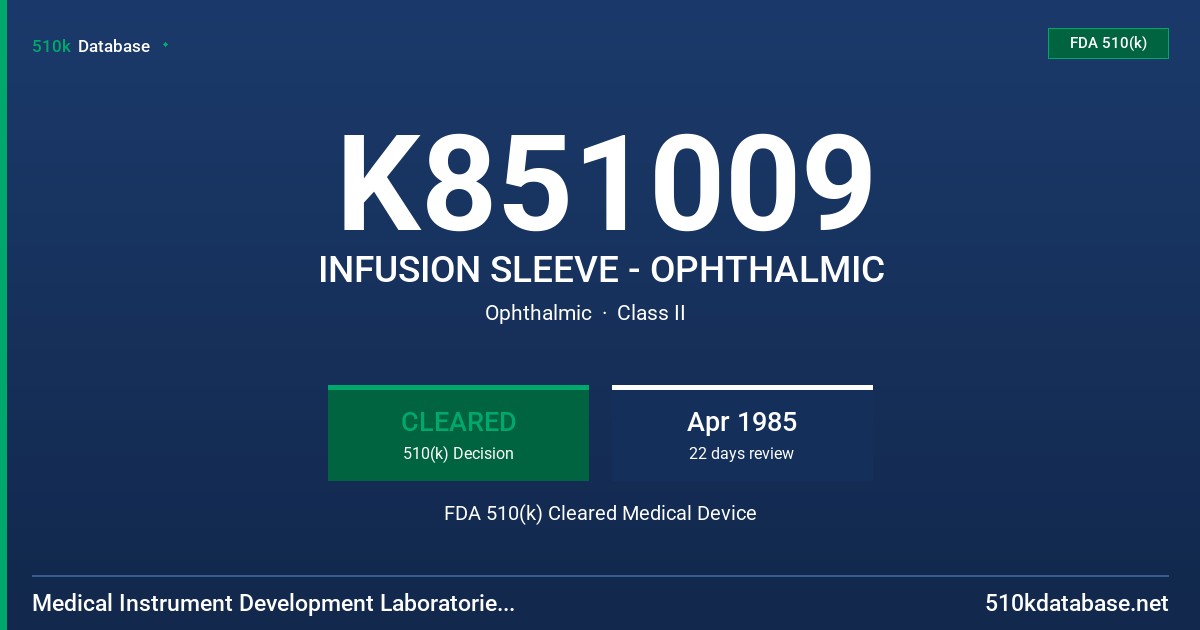 K851009 INFUSION SLEEVE - OPHTHALMIC FDA 510(k) Cleared Medical Device