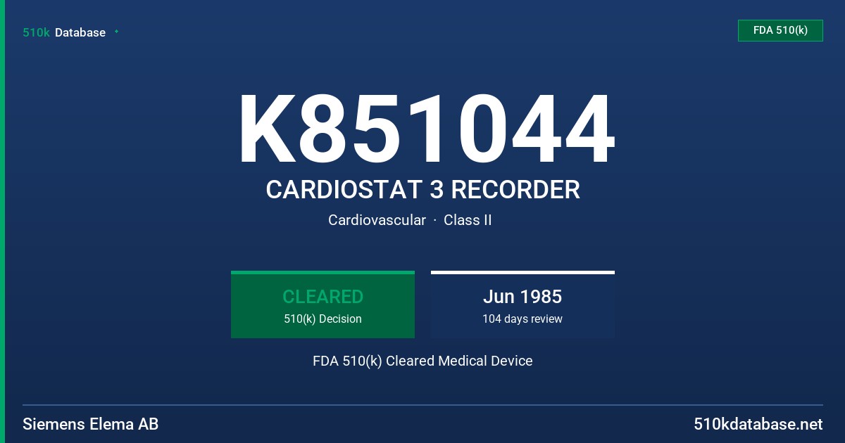 K851044 CARDIOSTAT 3 RECORDER FDA 510(k) Cleared Medical Device