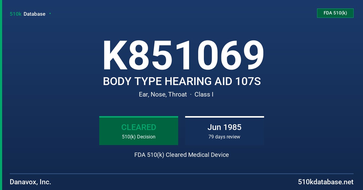 K851069 BODY TYPE HEARING AID 107S FDA 510(k) Cleared Medical Device