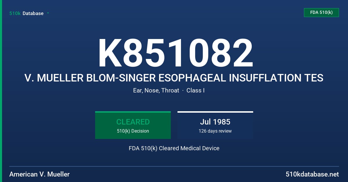 K851082 V. MUELLER BLOM-SINGER ESOPHAGEAL INSUFFLATION TES FDA 510(k) Cleared Medical Device