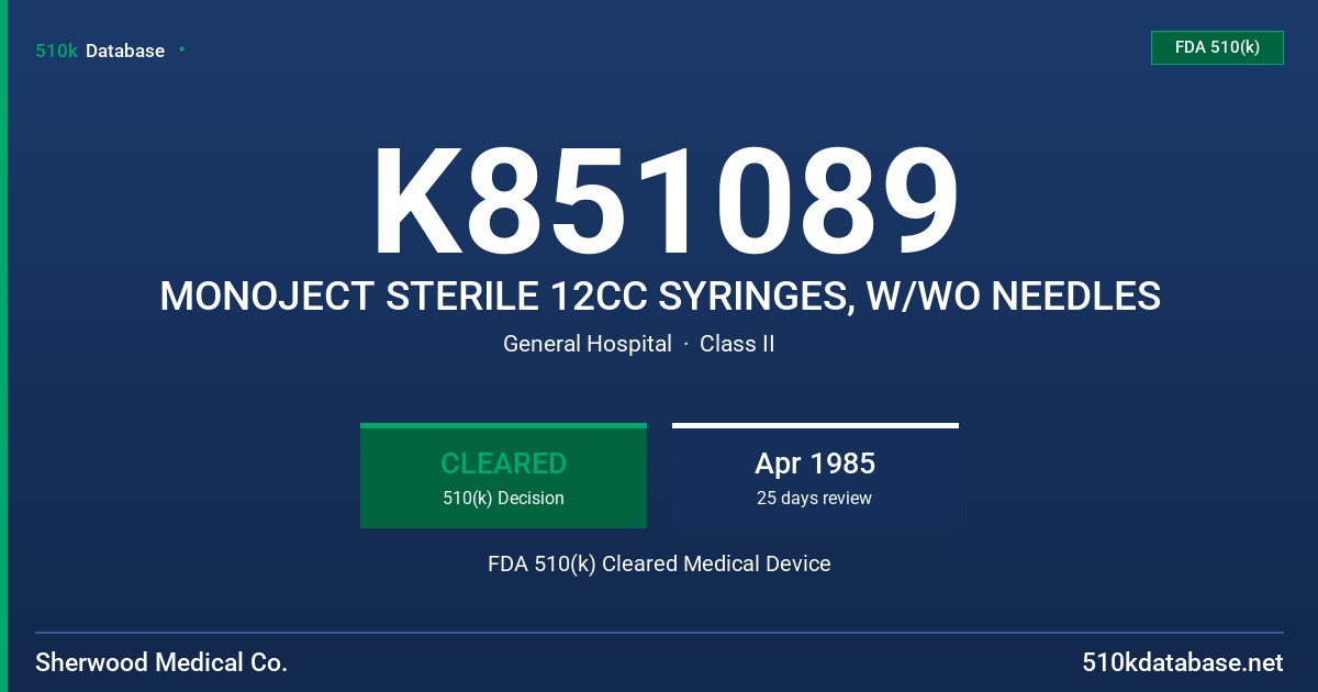 K851089 MONOJECT STERILE 12CC SYRINGES, W/WO NEEDLES FDA 510(k) Cleared Medical Device
