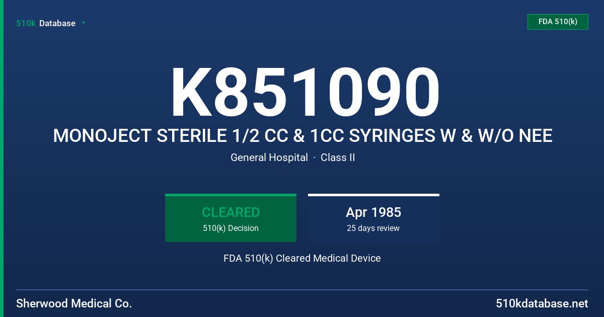 K851090 MONOJECT STERILE 1/2 CC & 1CC SYRINGES W & W/O NEE FDA 510(k) Cleared Medical Device
