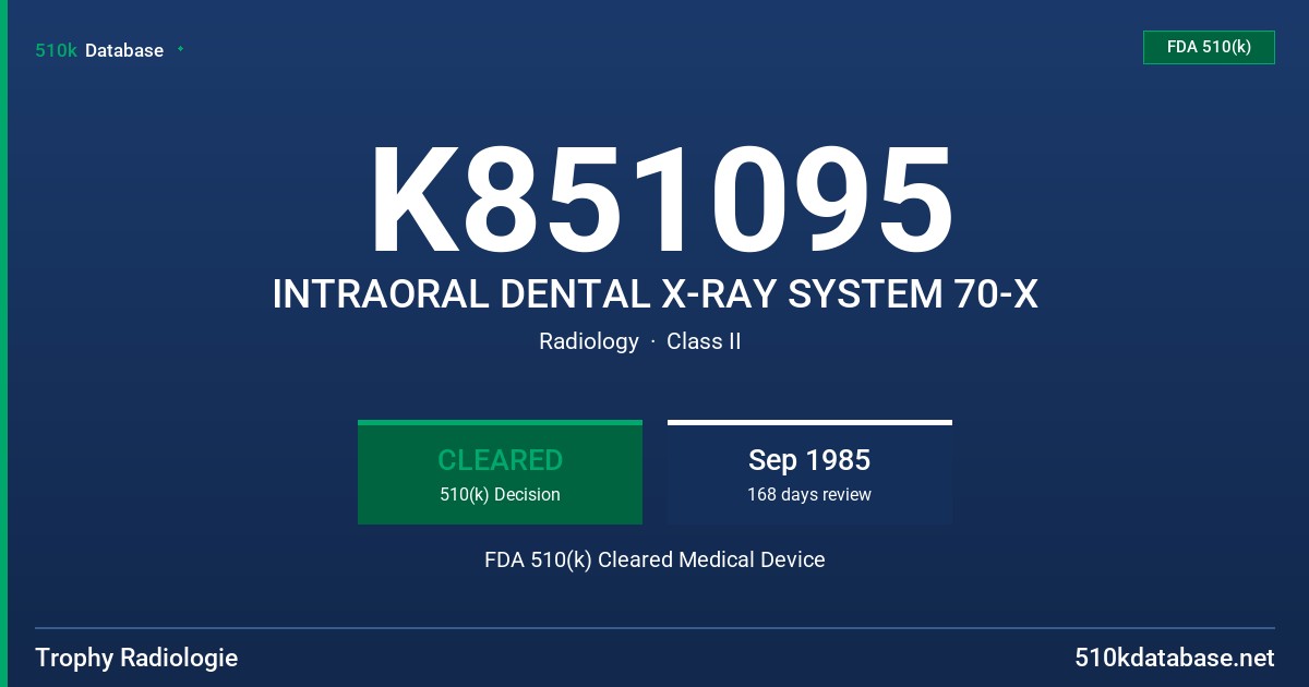 K851095 INTRAORAL DENTAL X-RAY SYSTEM 70-X FDA 510(k) Cleared Medical Device