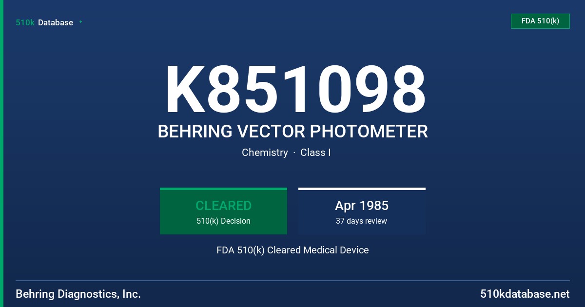 K851098 BEHRING VECTOR PHOTOMETER FDA 510(k) Cleared Medical Device
