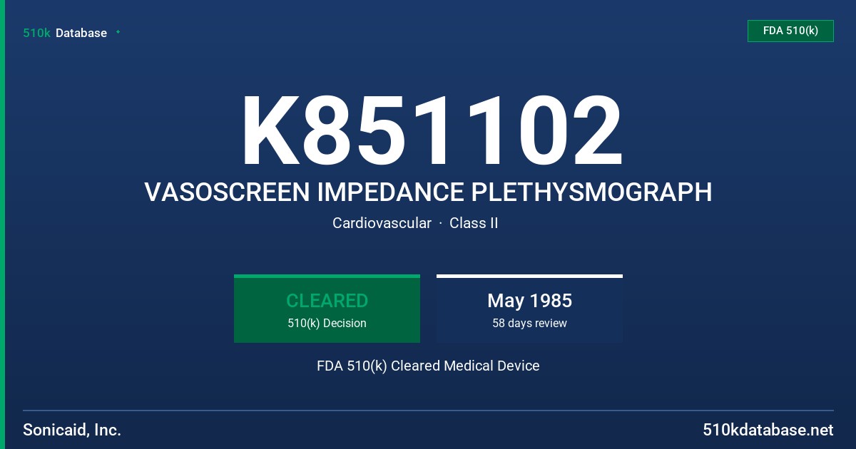 K851102 VASOSCREEN IMPEDANCE PLETHYSMOGRAPH FDA 510(k) Cleared Medical Device