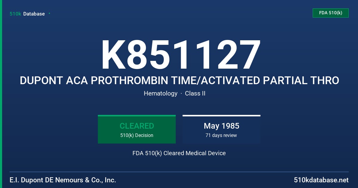 K851127 DUPONT ACA PROTHROMBIN TIME/ACTIVATED PARTIAL THRO FDA 510(k) Cleared Medical Device