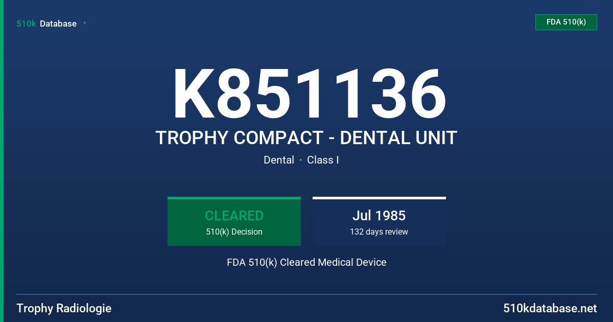 K851136 TROPHY COMPACT - DENTAL UNIT FDA 510(k) Cleared Medical Device
