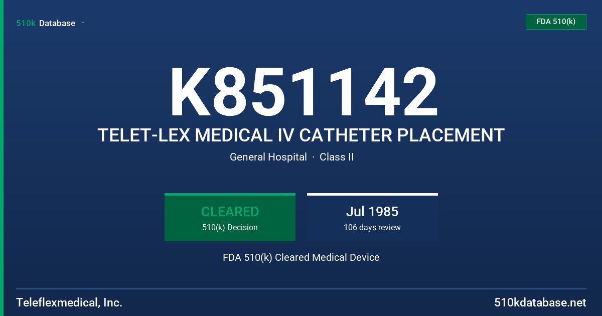 K851142 TELET-LEX MEDICAL IV CATHETER PLACEMENT FDA 510(k) Cleared Medical Device