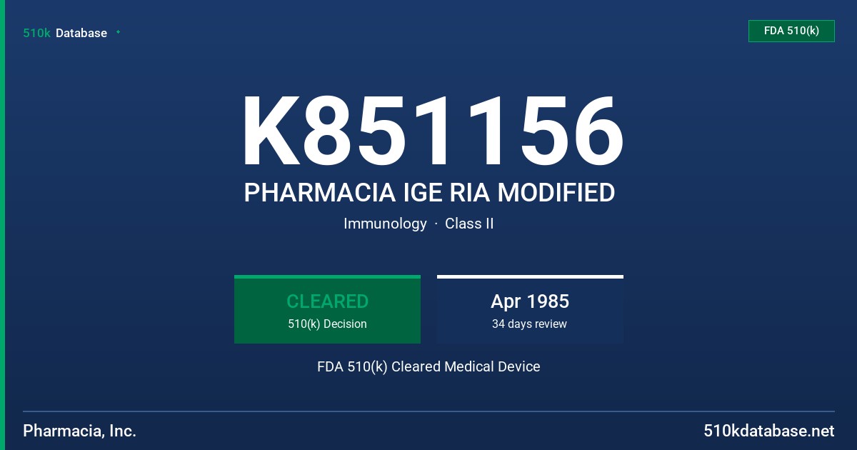 K851156 PHARMACIA IGE RIA MODIFIED FDA 510(k) Cleared Medical Device