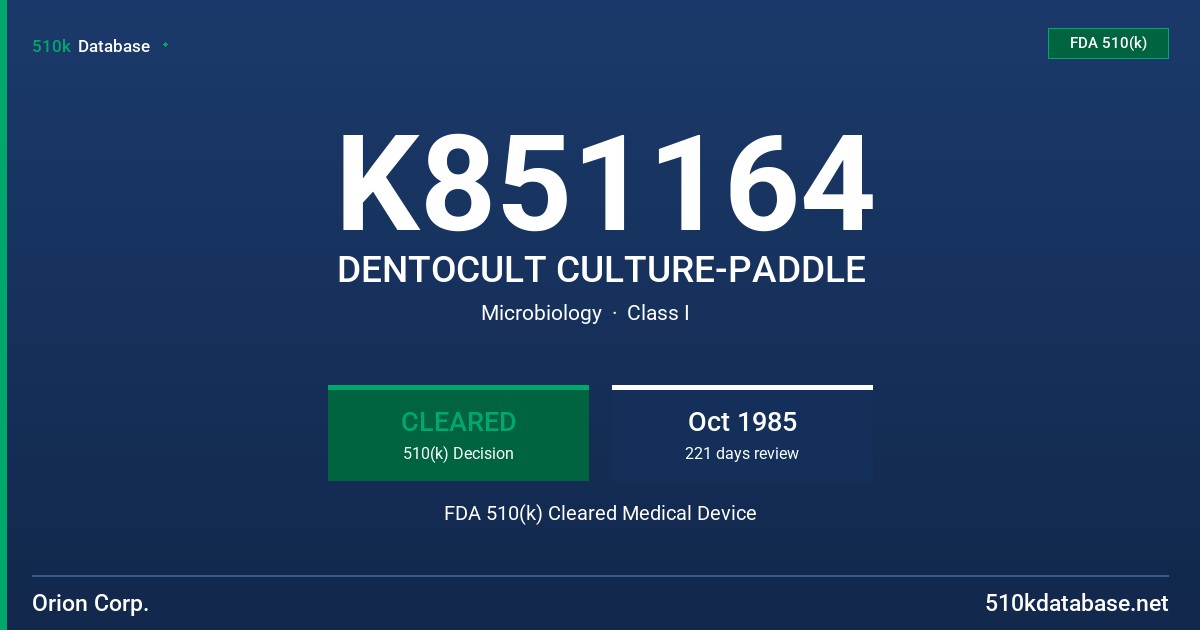 K851164 DENTOCULT CULTURE-PADDLE FDA 510(k) Cleared Medical Device
