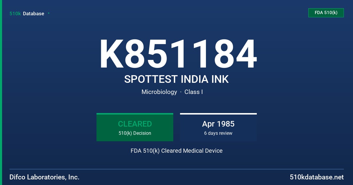 K851184 SPOTTEST INDIA INK FDA 510(k) Cleared Medical Device