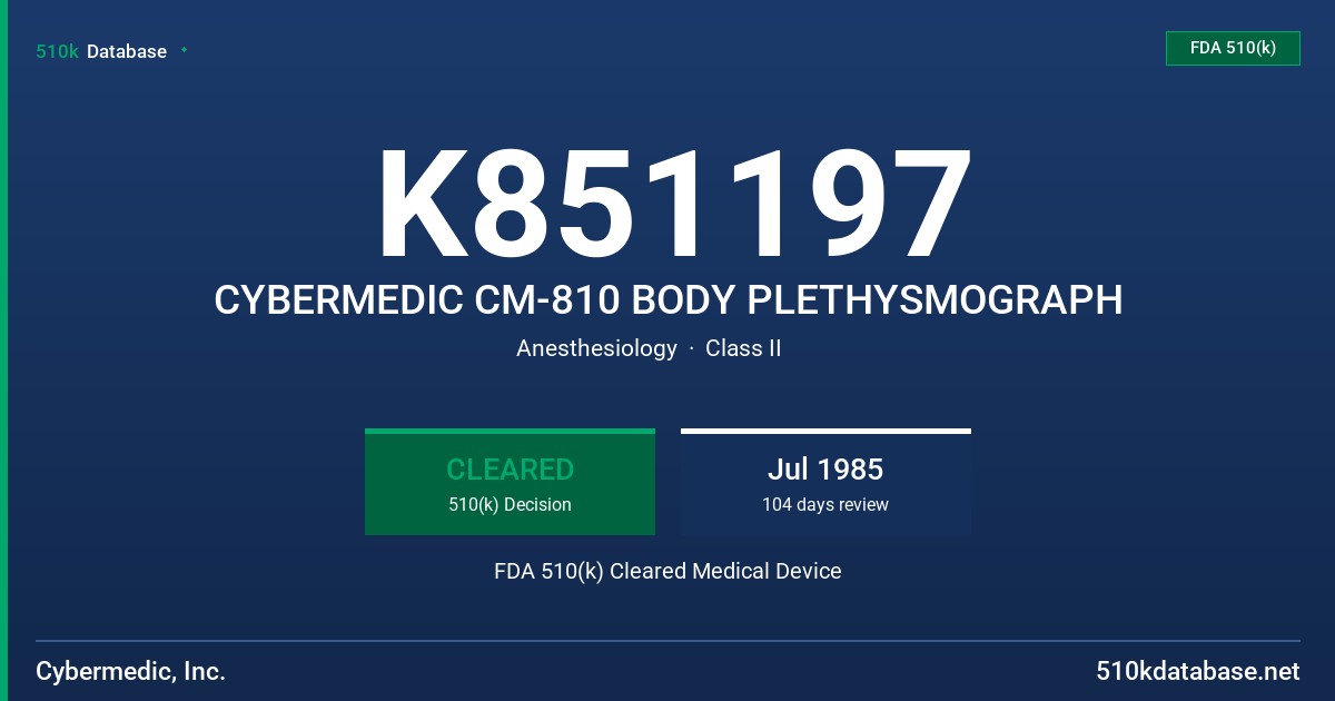 K851197 CYBERMEDIC CM-810 BODY PLETHYSMOGRAPH FDA 510(k) Cleared Medical Device