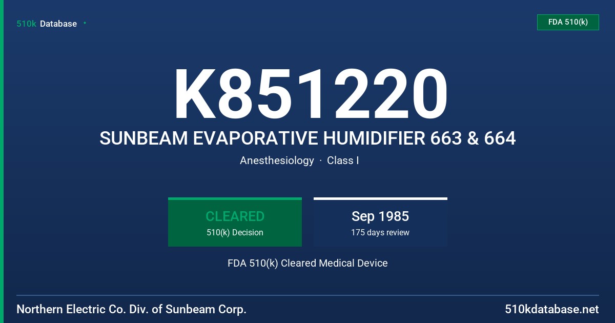 K851220 SUNBEAM EVAPORATIVE HUMIDIFIER 663 & 664 FDA 510(k) Cleared Medical Device