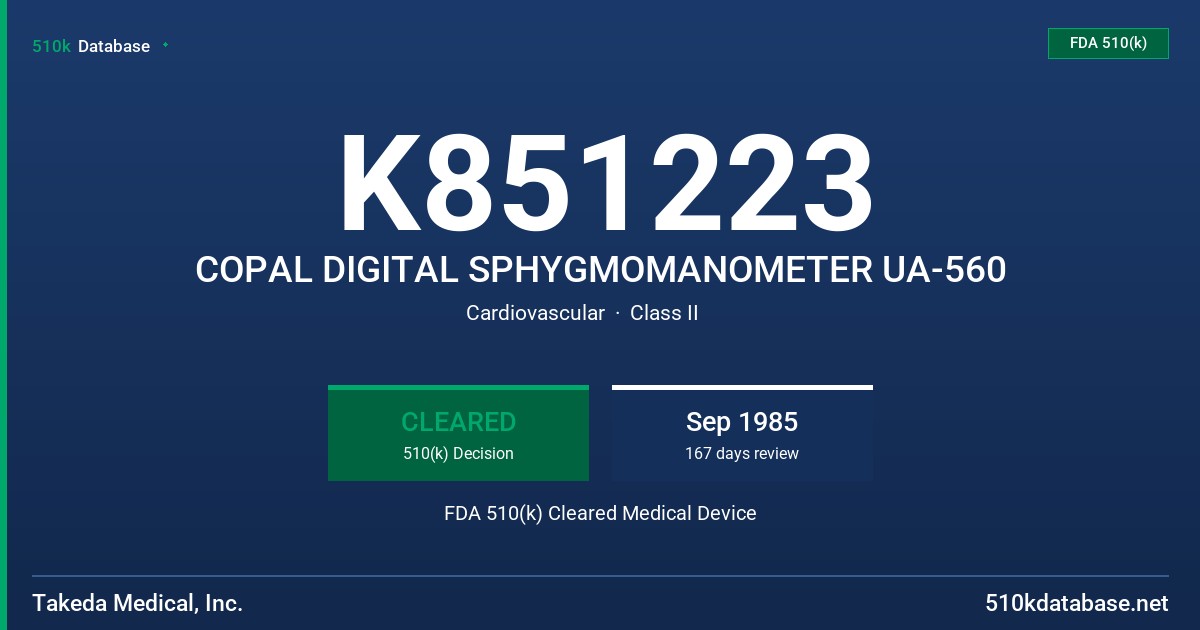 K851223 COPAL DIGITAL SPHYGMOMANOMETER UA-560 FDA 510(k) Cleared Medical Device