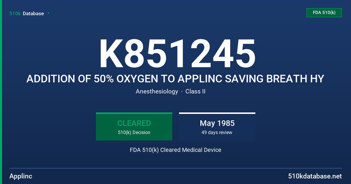 K851245 ADDITION OF 50% OXYGEN TO APPLINC SAVING BREATH HY FDA 510(k) Cleared Medical Device
