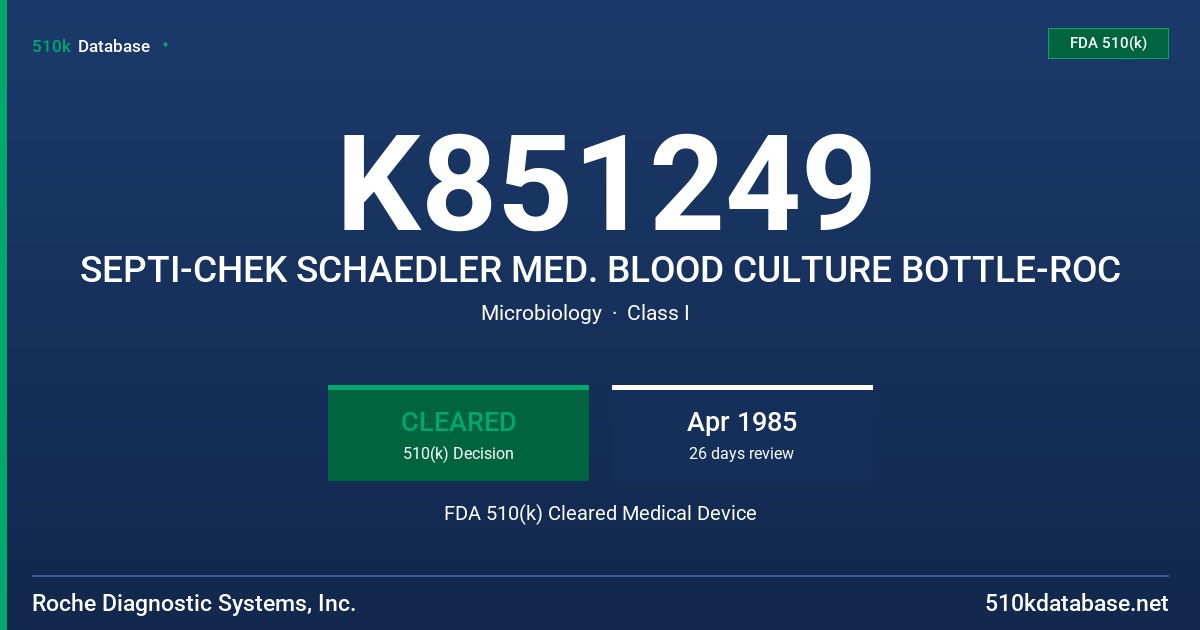 K851249 SEPTI-CHEK SCHAEDLER MED. BLOOD CULTURE BOTTLE-ROC FDA 510(k) Cleared Medical Device