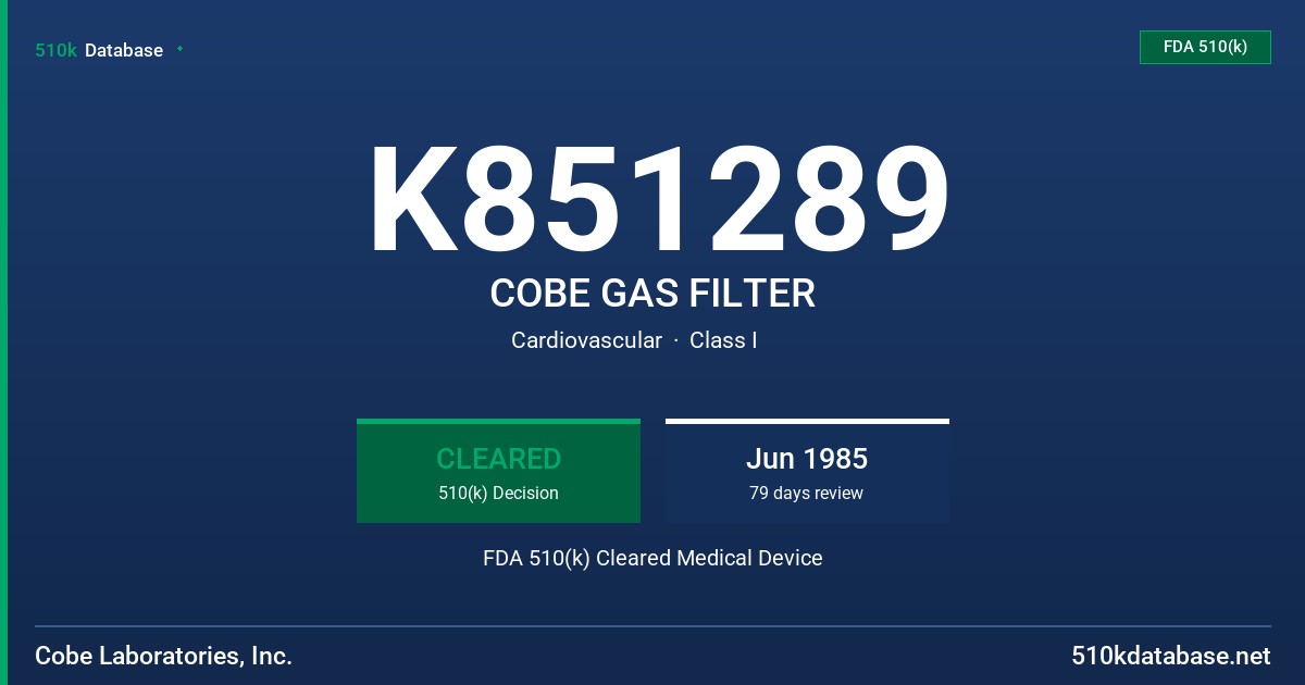 K851289 COBE GAS FILTER FDA 510(k) Cleared Medical Device