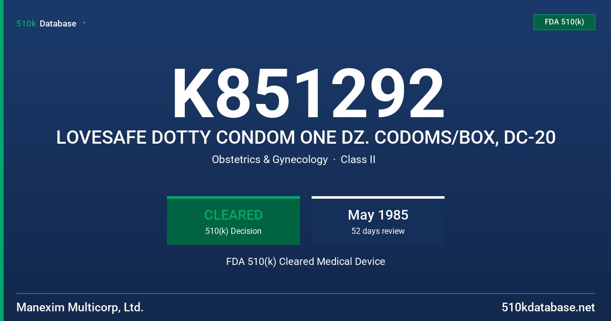 K851292 LOVESAFE DOTTY CONDOM ONE DZ. CODOMS/BOX, DC-20 FDA 510(k) Cleared Medical Device