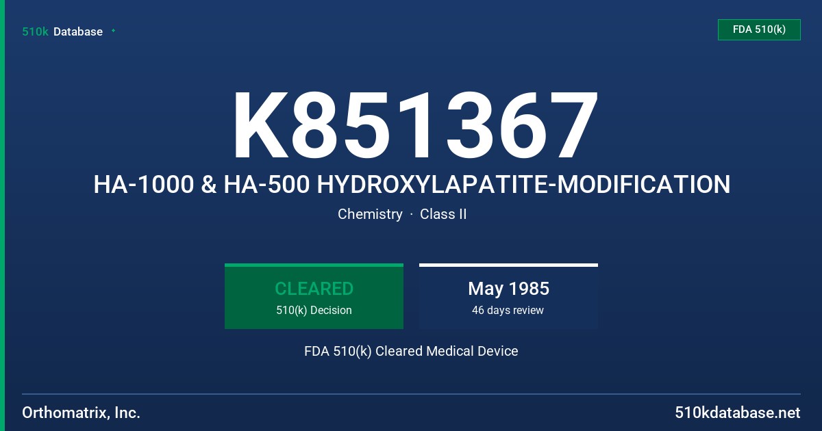 K851367 HA-1000 & HA-500 HYDROXYLAPATITE-MODIFICATION FDA 510(k) Cleared Medical Device