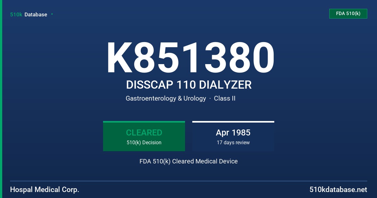 K851380 DISSCAP 110 DIALYZER FDA 510(k) Cleared Medical Device