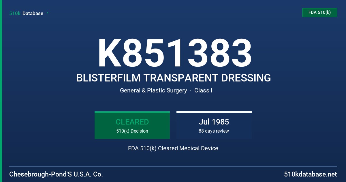 K851383 BLISTERFILM TRANSPARENT DRESSING FDA 510(k) Cleared Medical Device