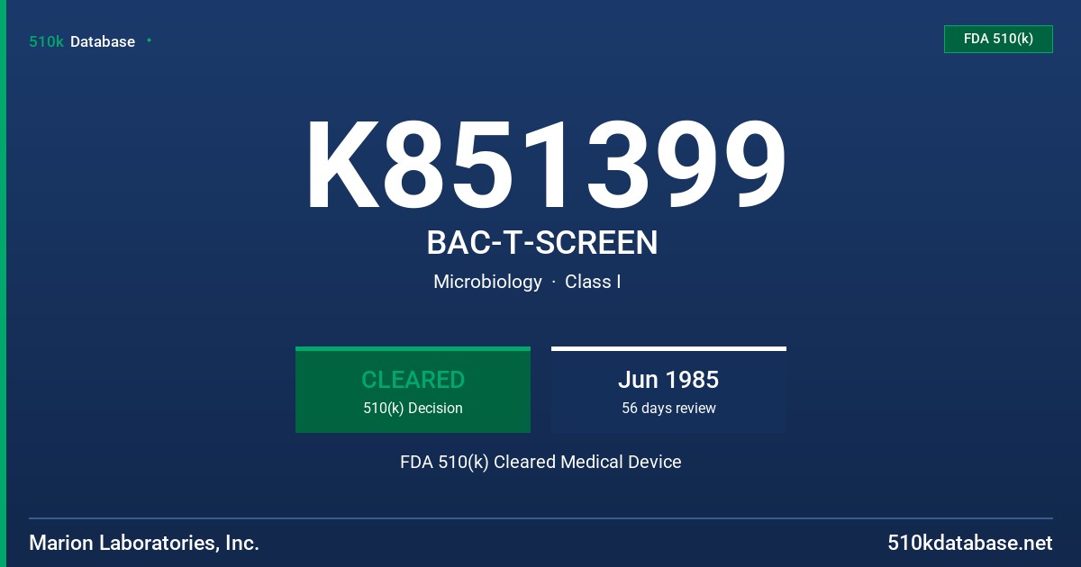 K851399 BAC-T-SCREEN FDA 510(k) Cleared Medical Device