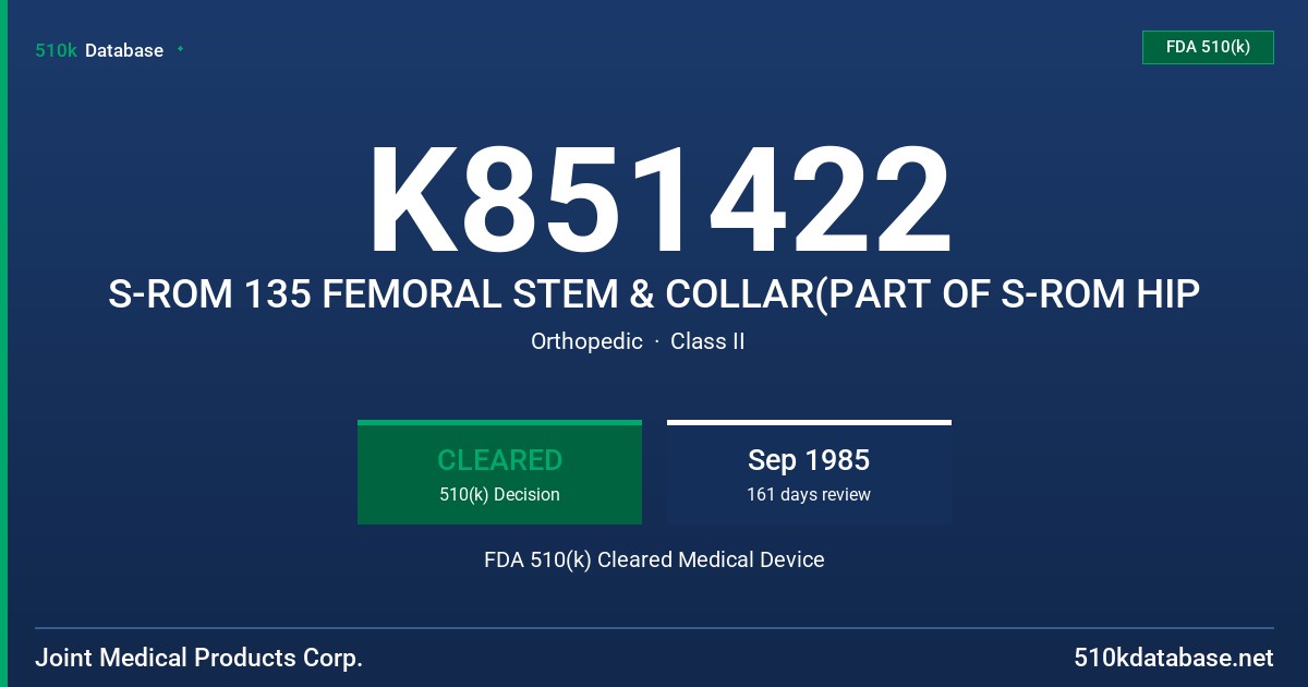 K851422 S-ROM 135 FEMORAL STEM & COLLAR(PART OF S-ROM HIP FDA 510(k) Cleared Medical Device