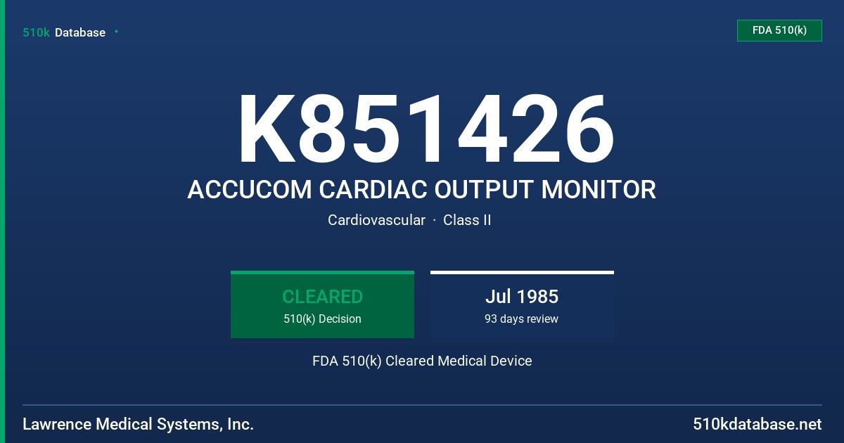 K851426 ACCUCOM CARDIAC OUTPUT MONITOR FDA 510(k) Cleared Medical Device