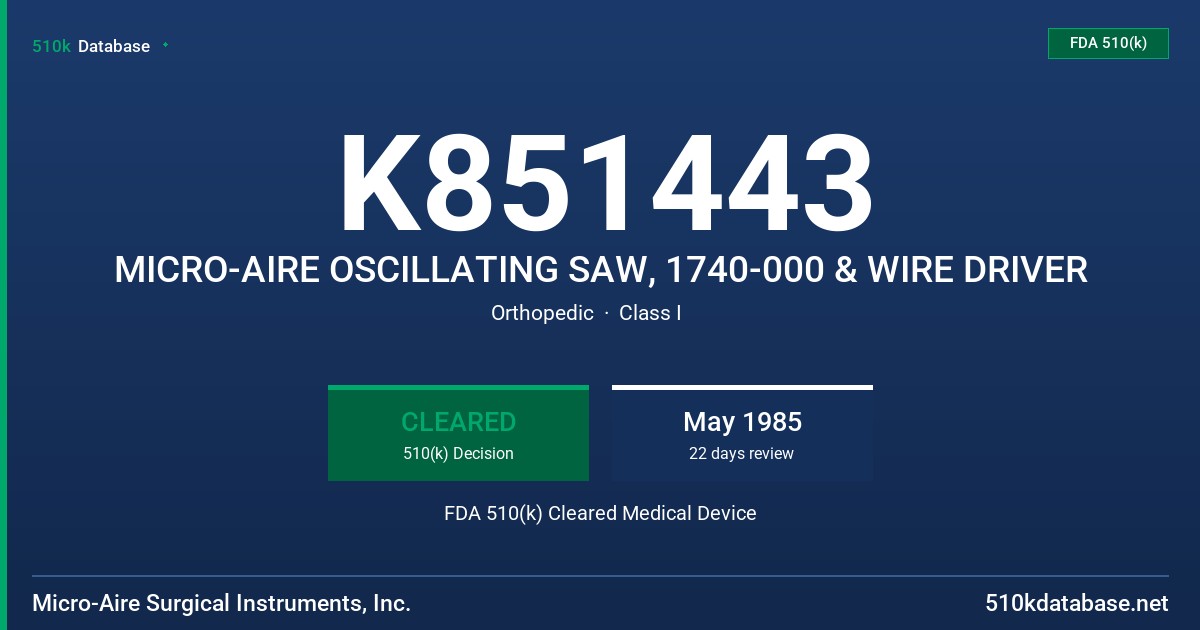 K851443 MICRO-AIRE OSCILLATING SAW, 1740-000 & WIRE DRIVER FDA 510(k) Cleared Medical Device