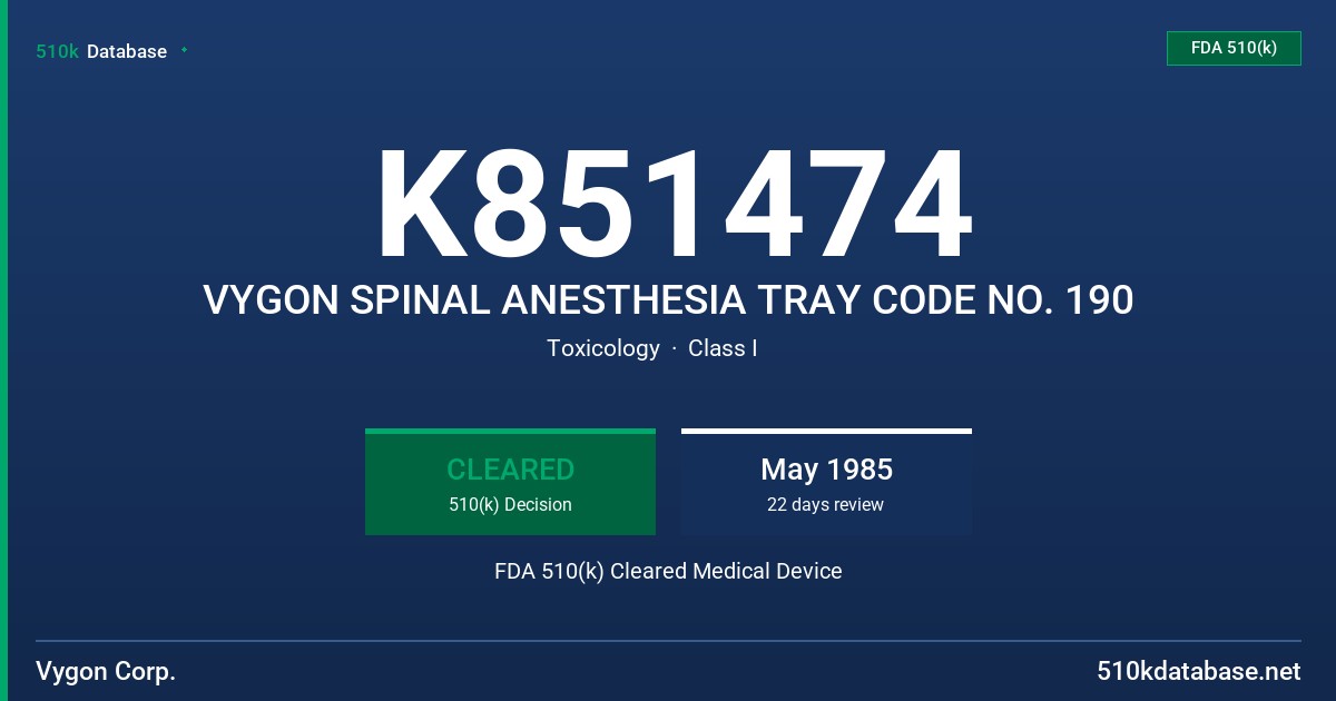K851474 VYGON SPINAL ANESTHESIA TRAY CODE NO. 190 FDA 510(k) Cleared Medical Device