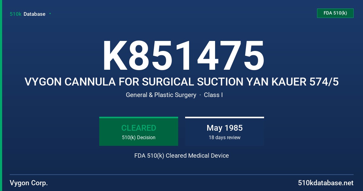 K851475 VYGON CANNULA FOR SURGICAL SUCTION YAN KAUER 574/5 FDA 510(k) Cleared Medical Device