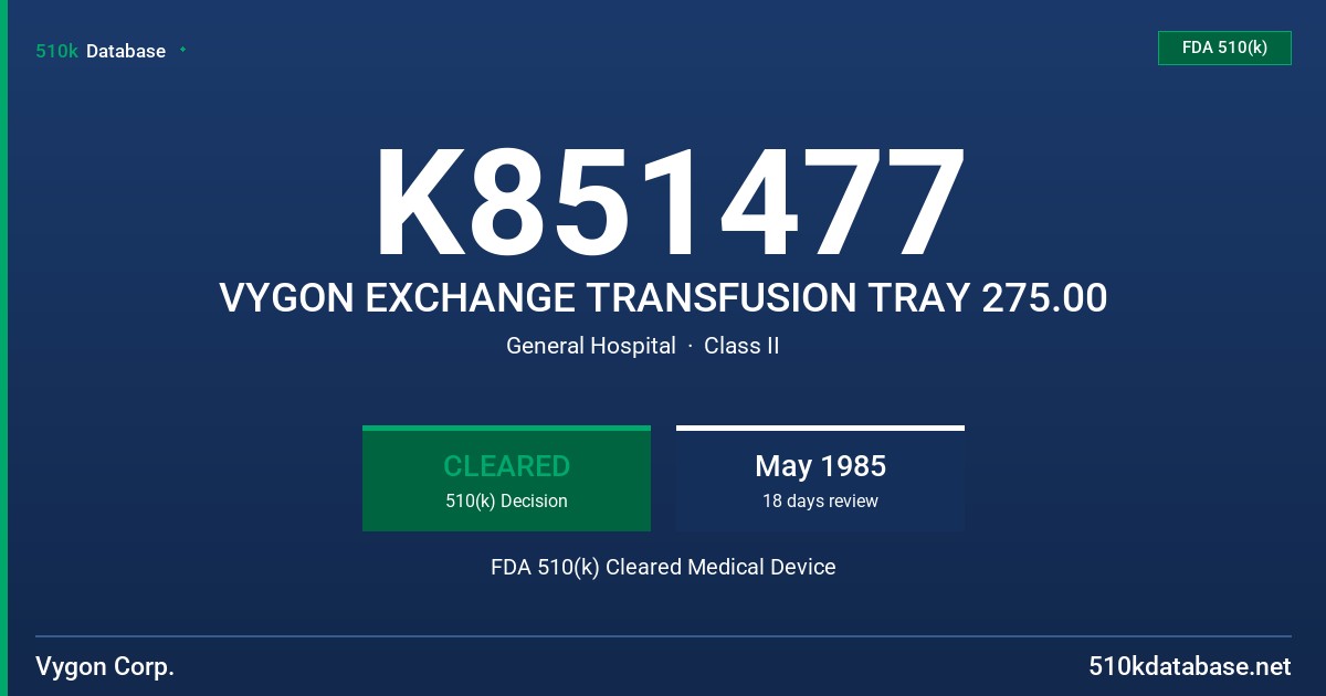 K851477 VYGON EXCHANGE TRANSFUSION TRAY 275.00 FDA 510(k) Cleared Medical Device
