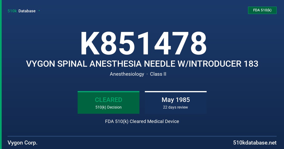 K851478 VYGON SPINAL ANESTHESIA NEEDLE W/INTRODUCER 183 FDA 510(k) Cleared Medical Device