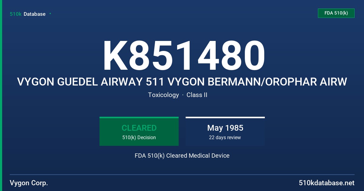 K851480 VYGON GUEDEL AIRWAY 511 VYGON BERMANN/OROPHAR AIRW FDA 510(k) Cleared Medical Device